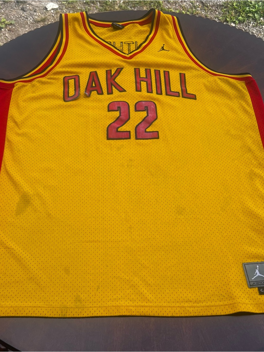 Jordan Yellow Oak Hill #22 Basketball Jersey with Red Accents